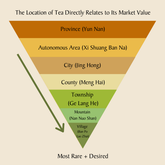 Inverted pyramid diagram showing how tea's origin, from province to village, affects market value