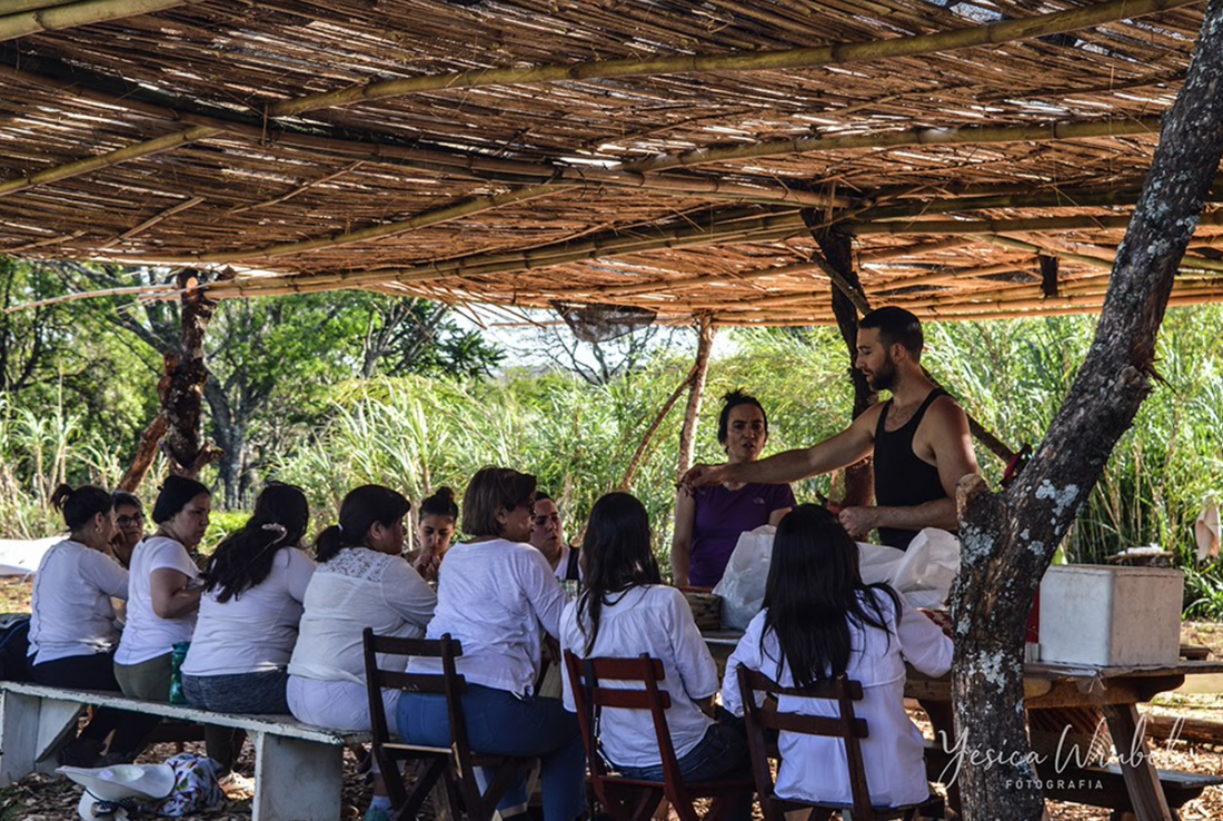 Group seated under a woven bamboo shelter listening to two hosts speak, tea fields in the background.